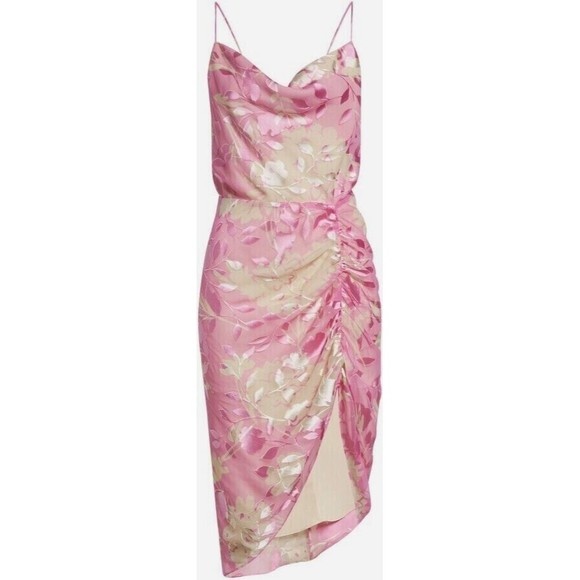 Samsoe Samsoe Pink Kirigami Floral Dapples Ruched Satin Burnout Dress Large NWT - Picture 1 of 6